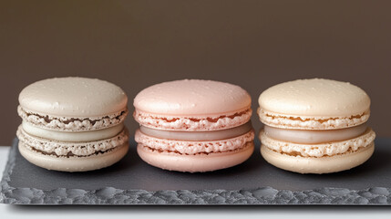 Macarons in light colors such as beige, light pink and light grey are arranged on a granite plate.