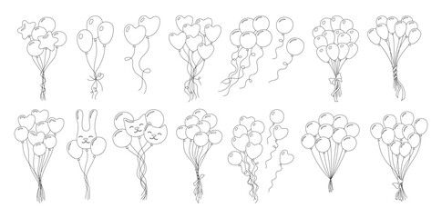 Bundle balloons doodle set illustration. Linear decorative different shapes of bunches of balloons. Birthday celebration festivities events, party decoration greeting card, children vector line design