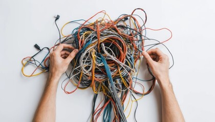 Hands Untangling Colorful Wires on a White Surface in a Chaotic and Confused Arrangement