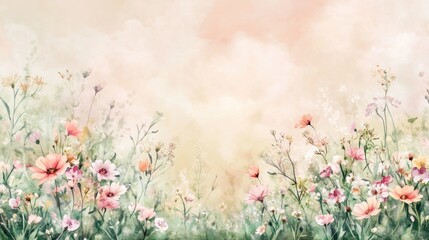 Fototapeta premium Pastel floral meadow, dreamy sky, wall art