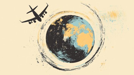 Airplane circling Earth; travel poster design