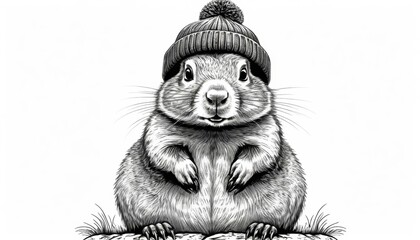 Cute cartoon illustration of a chubby rodent wearing a knitted hat, perfect for whimsical designs and playful themes.