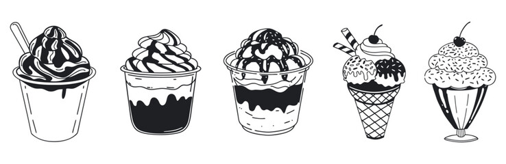Black-Fill Ice Cream Icons Set: Soft Serve, Waffle Cones, Gelato Cups, and Sorbet Cones – Vector Illustrations for Logos and Transparent Background Designs