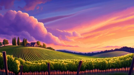 Fototapeta premium A picturesque view of rolling vineyards under a vibrant sunset sky