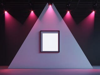 A towering triangular white wall lit by seven magenta spotlights, featuring a single oversized square blank frame centered boldly. The glowing black tiles add dramatic depth.
