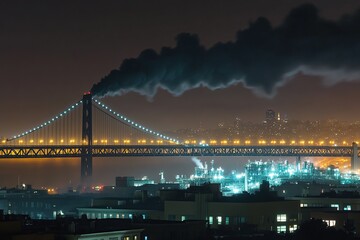 A photograph of the San Francisco Bridge at night, with black smoke coming from a factory in the city