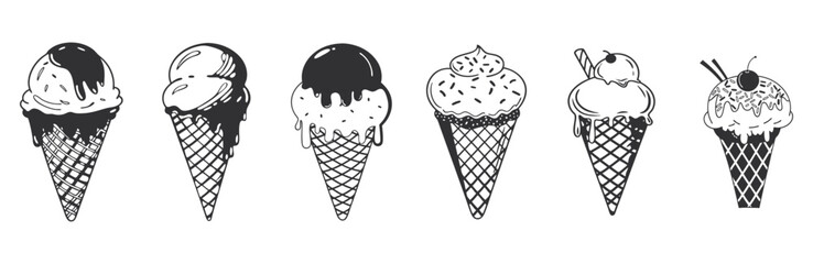 Collection of Vector Silhouettes Featuring Soft Ice Cream Cones in Various Poses and Designs