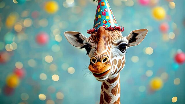 Happy giraffe celebrating birthday in a festive hat against a background of confetti