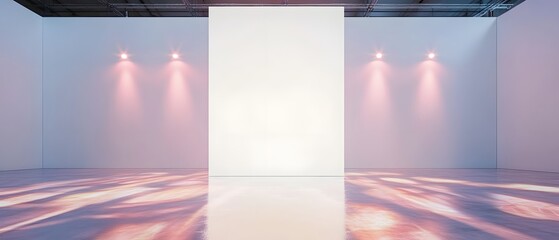 A towering rectangular white wall illuminated by seven soft pink spotlights in a gallery with dynamic light patterns on the polished resin floor.