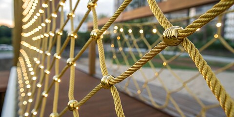 Gold accented climbing net knots. AI Generative