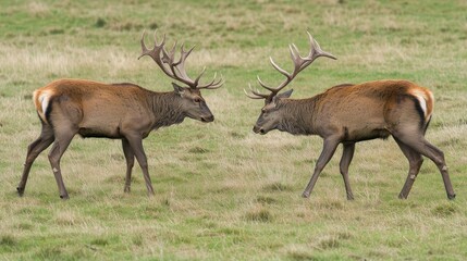 Naklejka premium Red deer stag standoff, field, nature