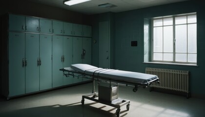 Sterile Hospital Room with Examination Table and Cabinets for Medical Treatment and Patient Care