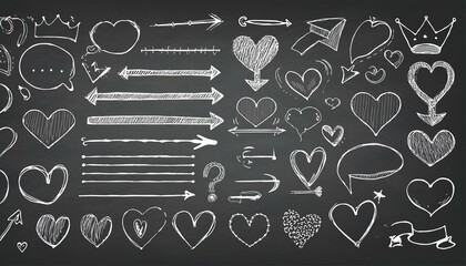Hand drawn highlight, text underline, emphasis mark, line shape set. Hand drawn scribble arrow, love heart, speech bubble, crown element. Marker, pen brush on chalkboard. perfect any project