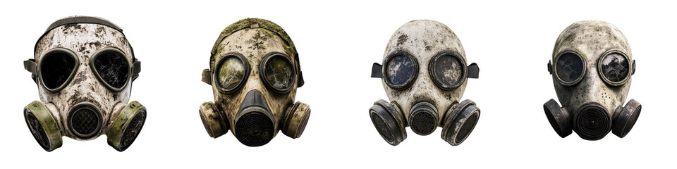 Set of Distressed and Weathered Gas Masks, isolated on transparent background.