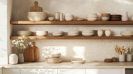 Shelves display earthy kitchenware with sunlight shining in subtly