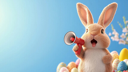 Obraz premium Cute bunny holding a megaphone, announcing Easter festivities, surrounded by colorful eggs against a bright blue background.