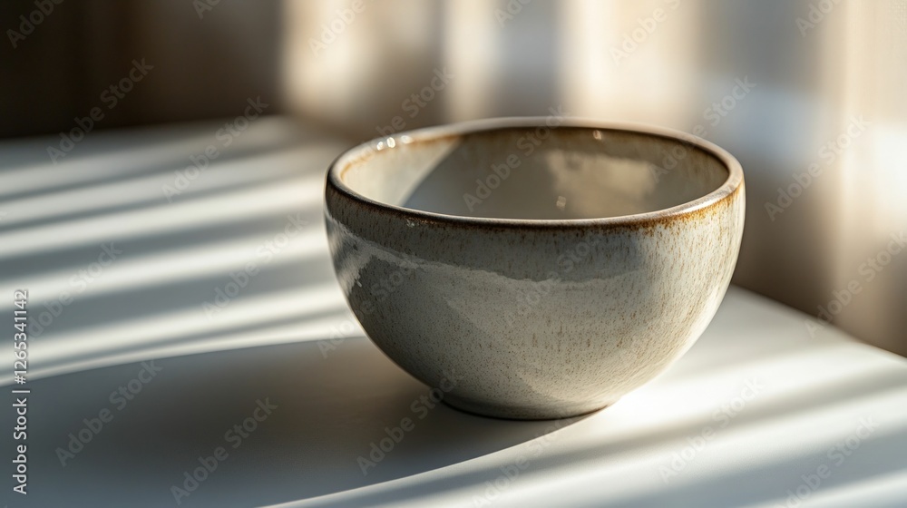 Sticker Sunlit ceramic bowl, simple elegance, empty.