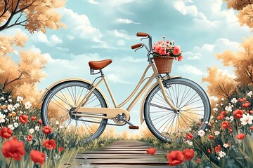 Naklejka premium Vintage Bicycle with Floral Basket, Perfect for Spring Decor