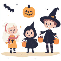 A vector of kids in Halloween costumes holding candy buckets