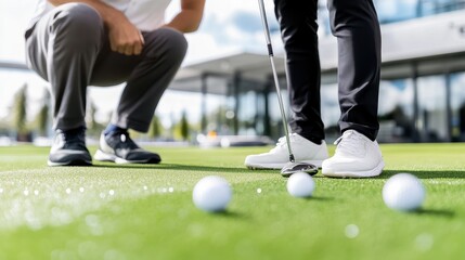 Golf Coaching Session: Expert Instructor Teaches Beginner Golfer at Training Facility