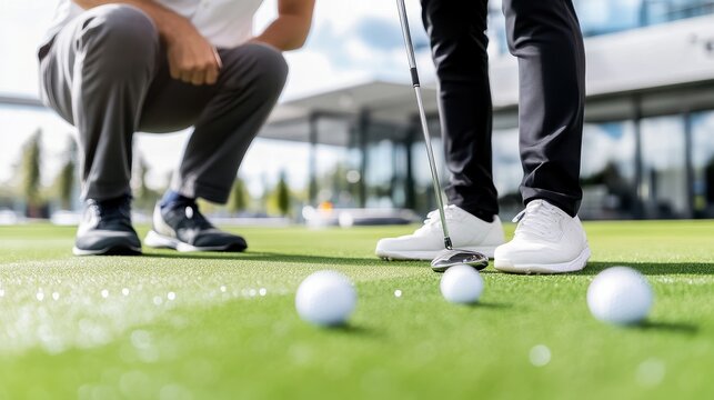 Golf Coaching Session: Expert Instructor Teaches Beginner Golfer at Training Facility
