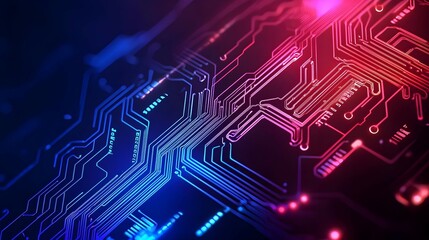 Abstract Circuit Board with Glowing Blue and Red Lines