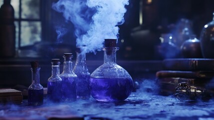 Mystic blue potion brewing in antique laboratory