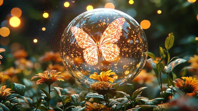 Glowing butterfly in glass sphere, flowers, night garden, fantasy art, website header