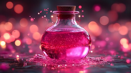 Vibrant pink potion in a glass bottle surrounded by sparkling droplets on a dark surface