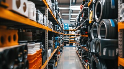 Warehouse aisle, industrial parts, storage, inventory, retail