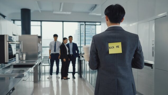 A person with a "Kick Me" note stuck to their back in an office, surrounded by laughing colleagues, enjoying an April Fools' Day prank. Workplace humor and office jokes