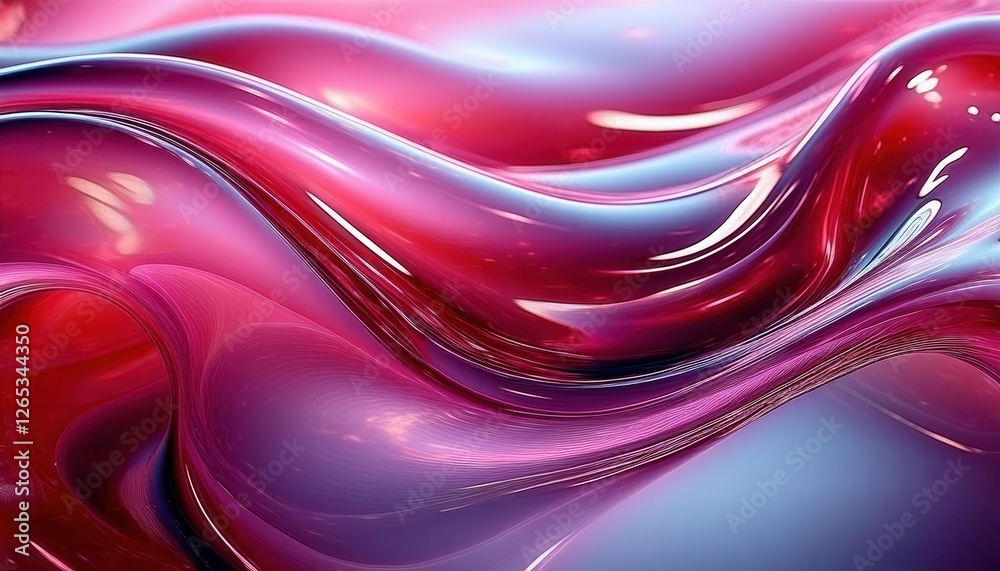 Poster abstract flowing red and purple liquid waves with glossy texture and dynamic lighting, modern digita