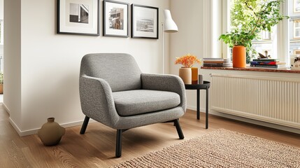 Fototapeta premium Cozy and Modern Living Room Setup Featuring Gray Armchair, Floor Lamp, and Stylish Decor Elements in Bright Interior
