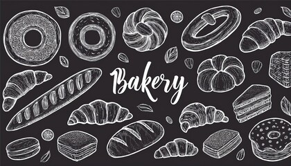 Hand drawn set of bakery and baking elements, bread, pastry, croissant, cake, donut. Doodle sketch style. Bakery element drawn by digital pen. perfect any project for menu, frame, recipe design.
