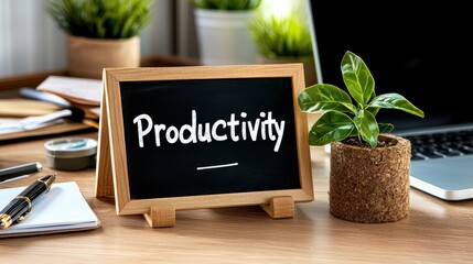 Inspirational desk setup with chalkboard sign promoting productivity, plant, stationery, and a laptop in a cozy workspace
