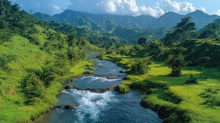 Lush tropical river valley, mountains, clouds, scenic view