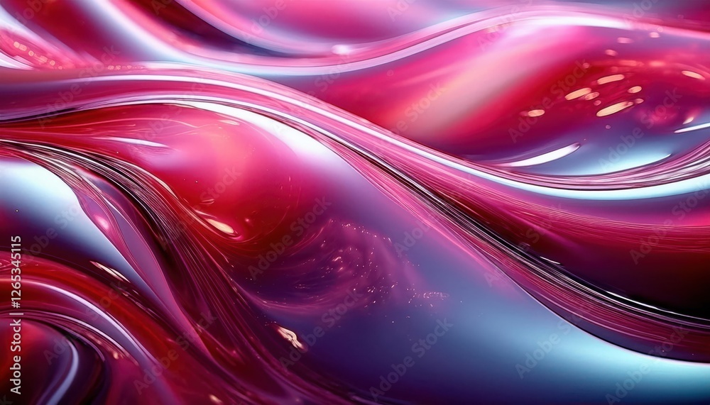 Poster abstract flowing red and purple liquid waves with glossy texture and dynamic lighting, modern digita