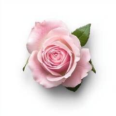 Fototapeta premium Beautiful Pink Rose with Delicate Petals and Green Leaves on a White Background for Floral and Nature Themes