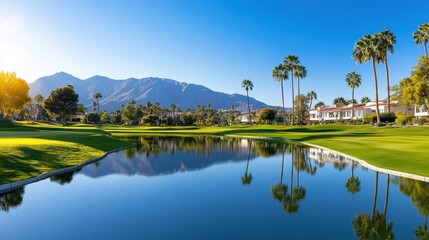 Serene Golf Course Lake with Reflecting Palm Trees and Blue Sky in Afternoon Sun