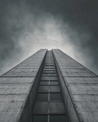 Low-angle photograph of a tall building, with a gray concrete texture and a dark sky. 