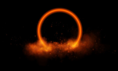 Circular portal effect, illuminated by golden-orange hues and star-like particles, conveying mystery and power.