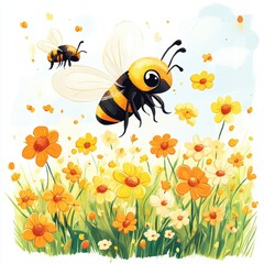 Bee and flowers in Spring.