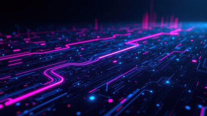 Naklejka premium Futuristic digital landscape with neon lights representing data flow and cloud computing technology.