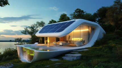 Futuristic eco-home with solar panels integrated into sleek, modern architecture, energy-efficient living.