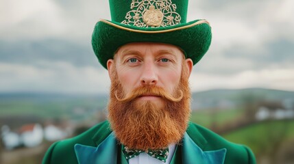 Whimsical leprechaun in vibrant green St. Patrick's Day attire poses against an enchanting rural landscape during a cloudy day