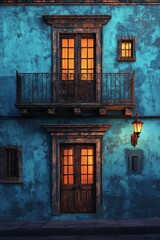 Obraz premium Old blue building facade with a balcony and windows at night in the city of Guanajuato, Mexico, illuminated by warm street light