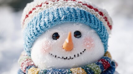 Obraz premium Snowy Snowman Face in Winter Landscape. Closeup. Possible Use Christmas Card