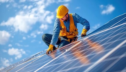 Boost Home Energy Efficiency with Expert Solar Panel Installation Witness an engineer installing solar energy panels on a rooftop, ensuring optimal performance and sustainable energy solutions