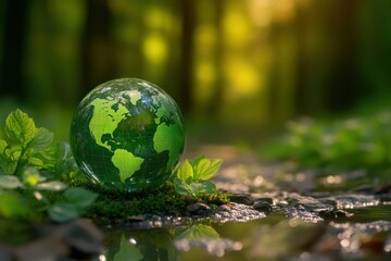 Celebrate World Environment Day with a visually stunning image featuring a glass globe resting gently on a lush nature background Explore the concept of circular economy through cleverly integrated