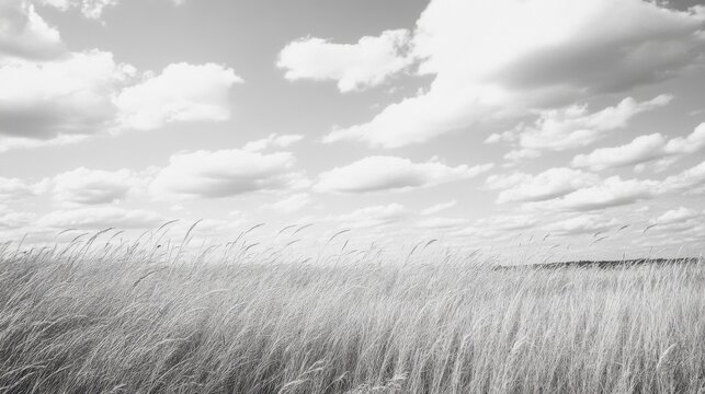 Prairie Grass Field, Cloudy Sky, Summer Day, Nature Landscape, Stock Photo